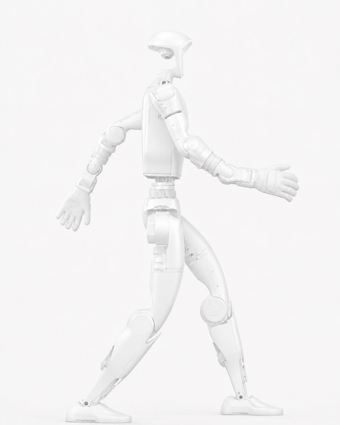 Deployed humanoid robot, side profile, walking pose.