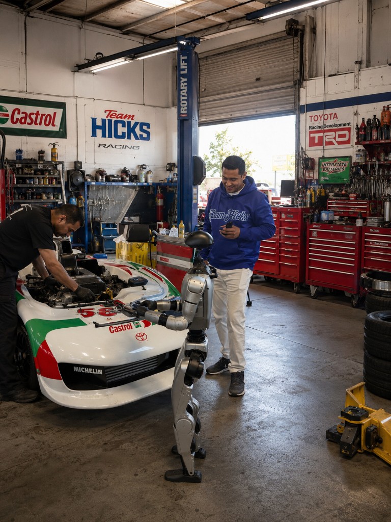 Humanoid robot in a racing garage at Park Brothers Auto.