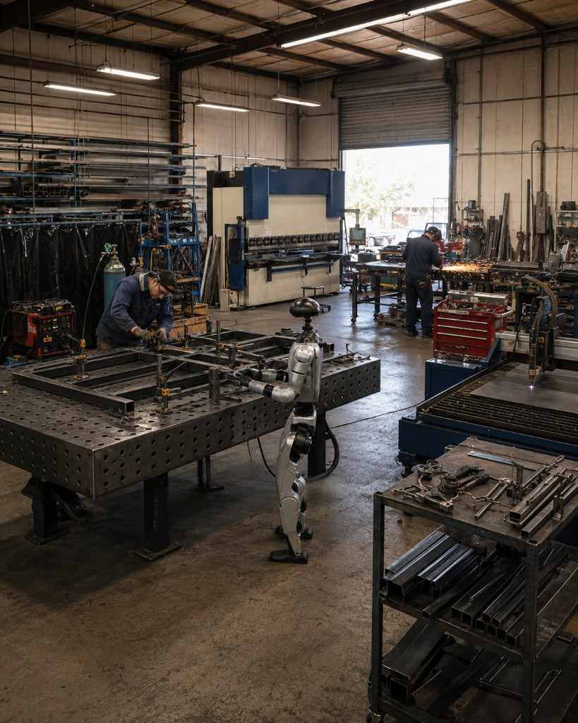Humanoid robot and workers in a metal fabrication shop at Brandt Fabrication.