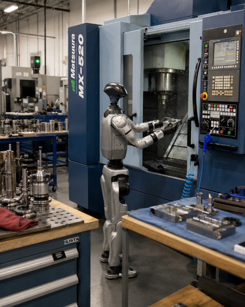 Humanoid robot loading parts on a Matsuura CNC at Okafor Precision.